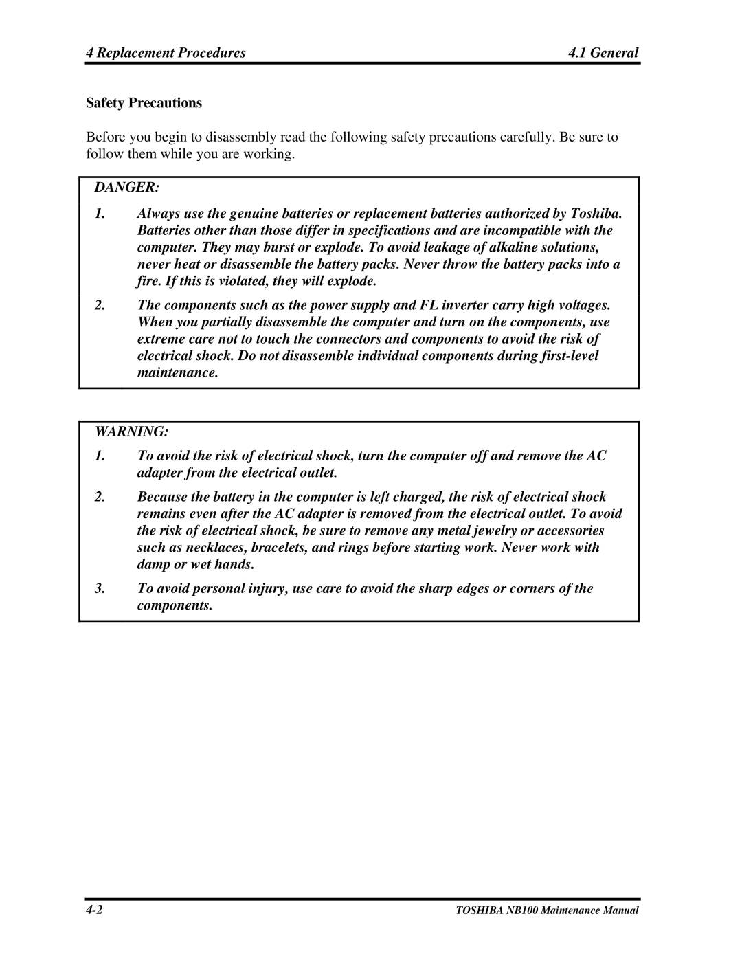 Toshiba TOSHIBA NB100 manual Replacement Procedures General, Safety Precautions 
