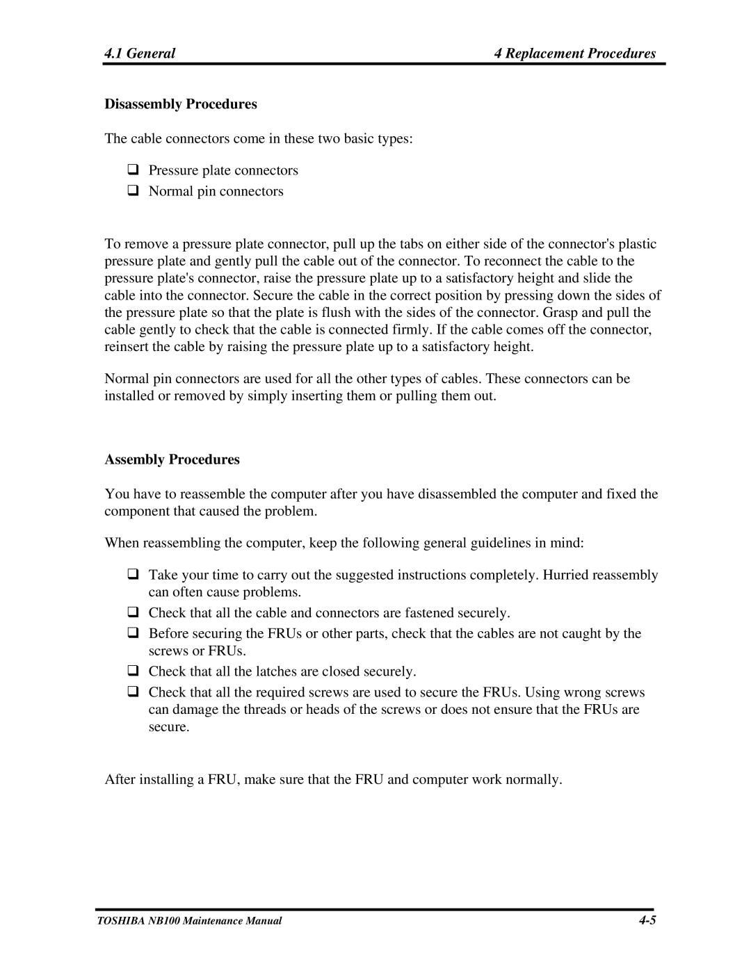 Toshiba TOSHIBA NB100 manual Disassembly Procedures, Assembly Procedures 