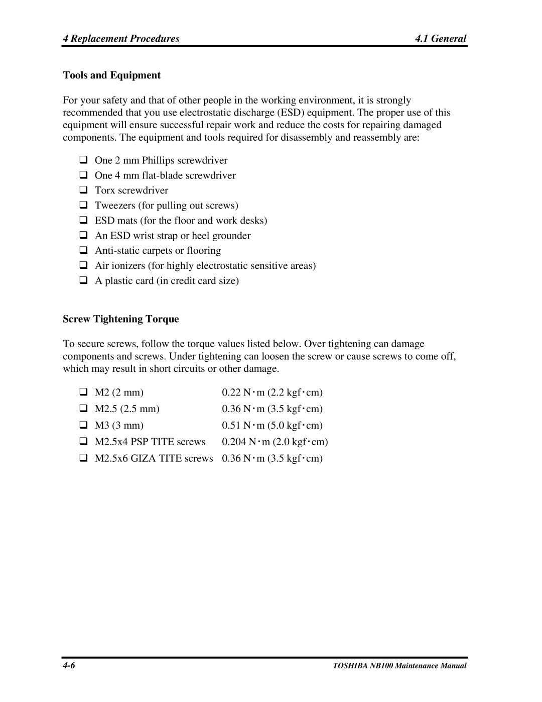 Toshiba TOSHIBA NB100 manual Tools and Equipment, Screw Tightening Torque 