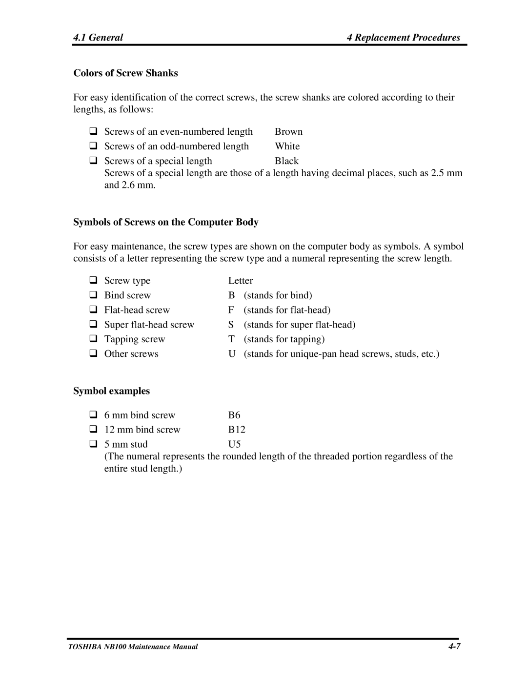 Toshiba TOSHIBA NB100 manual Colors of Screw Shanks, Symbols of Screws on the Computer Body, Symbol examples 