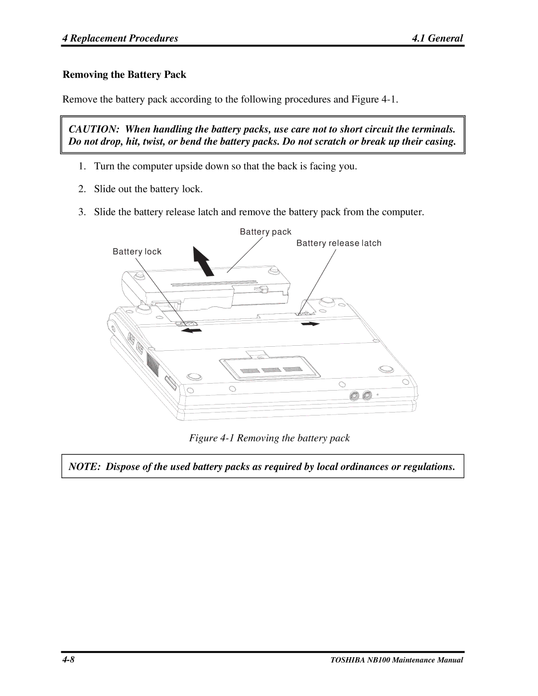 Toshiba TOSHIBA NB100 manual Removing the Battery Pack, Removing the battery pack 