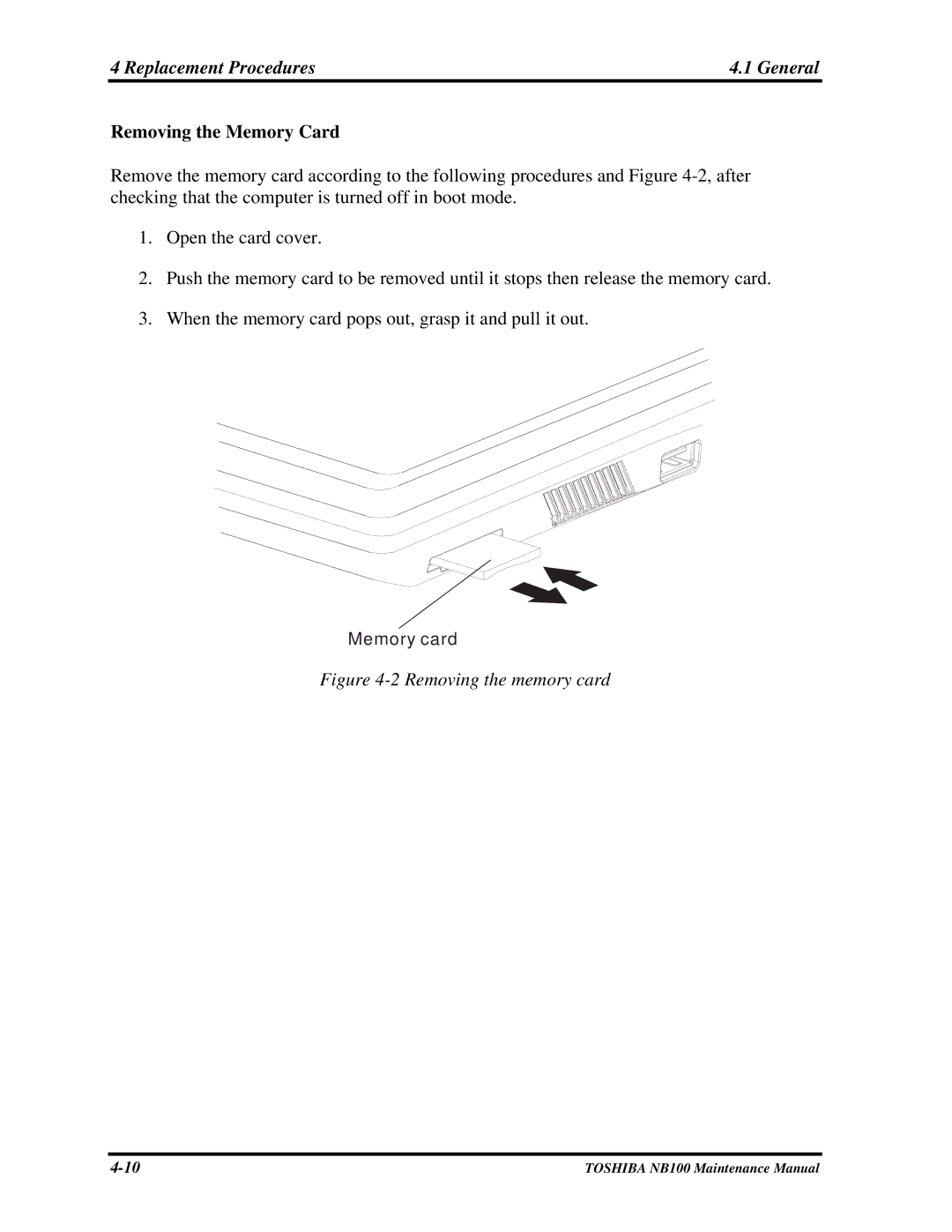 Toshiba TOSHIBA NB100 manual Removing the Memory Card, Removing the memory card 