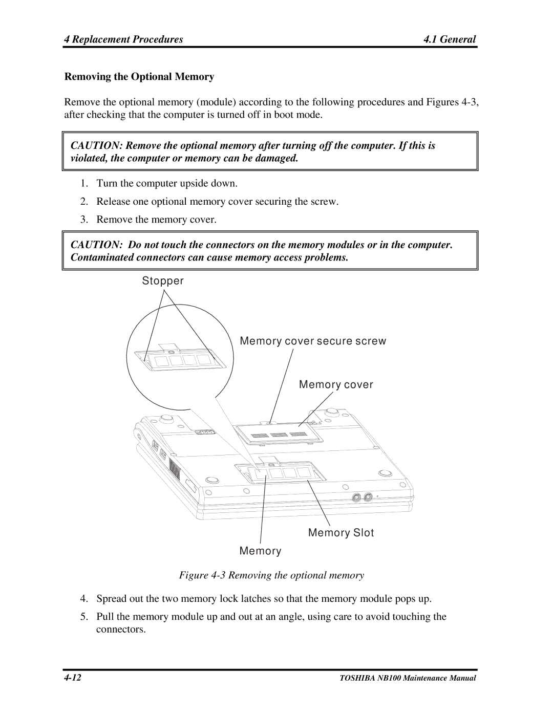 Toshiba TOSHIBA NB100 manual Removing the Optional Memory, Stopper Memory cover secure screw Memory Slot 