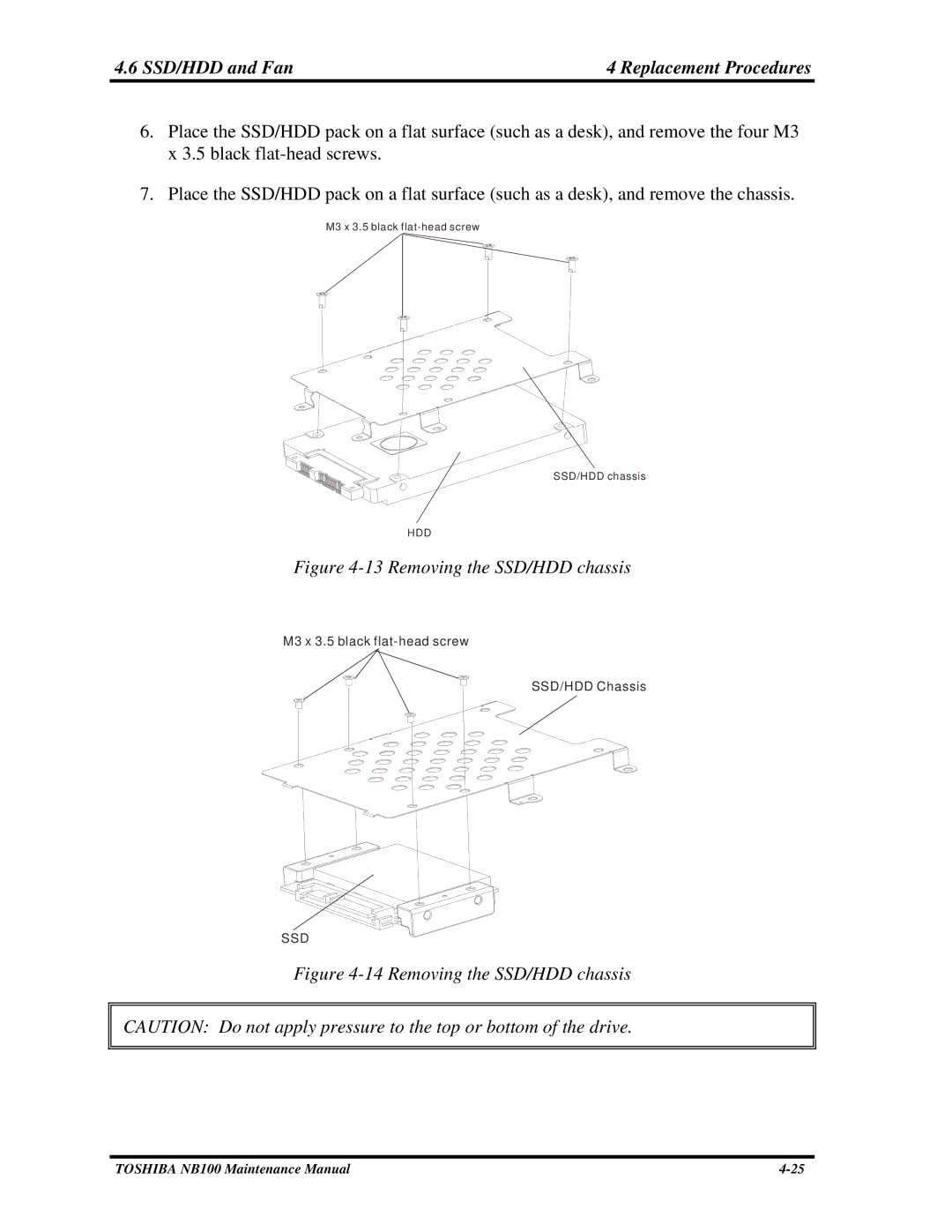 Toshiba TOSHIBA NB100 manual SSD/HDD and Fan Replacement Procedures, Removing the SSD/HDD chassis 