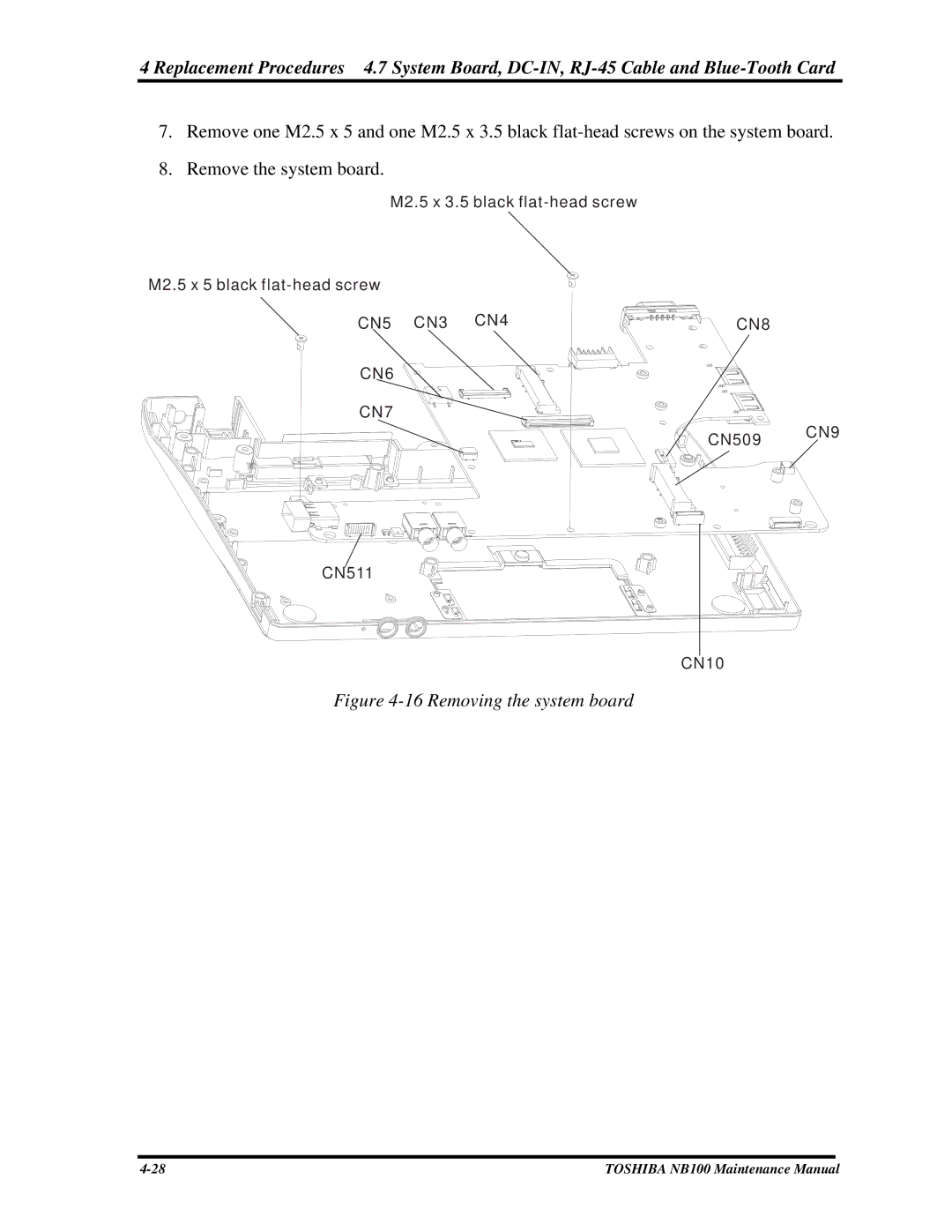 Toshiba TOSHIBA NB100 manual Removing the system board 