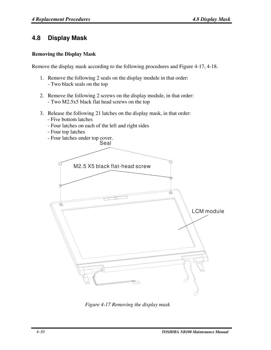 Toshiba TOSHIBA NB100 manual Replacement Procedures Display Mask, Removing the Display Mask 