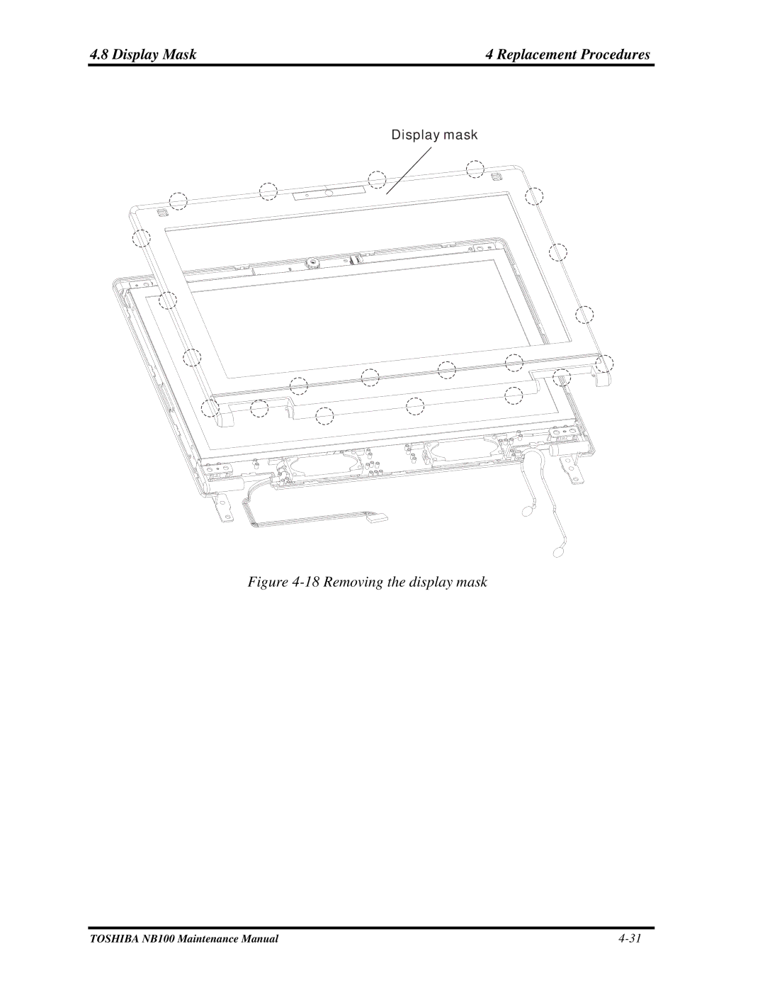 Toshiba TOSHIBA NB100 manual Display Mask Replacement Procedures, Removing the display mask 