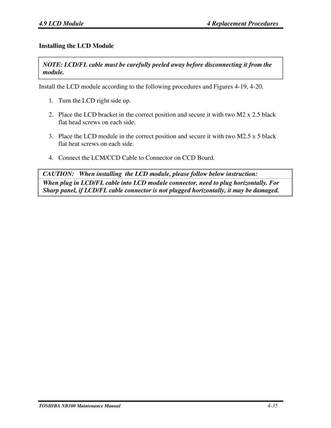 Toshiba TOSHIBA NB100 manual Installing the LCD Module 
