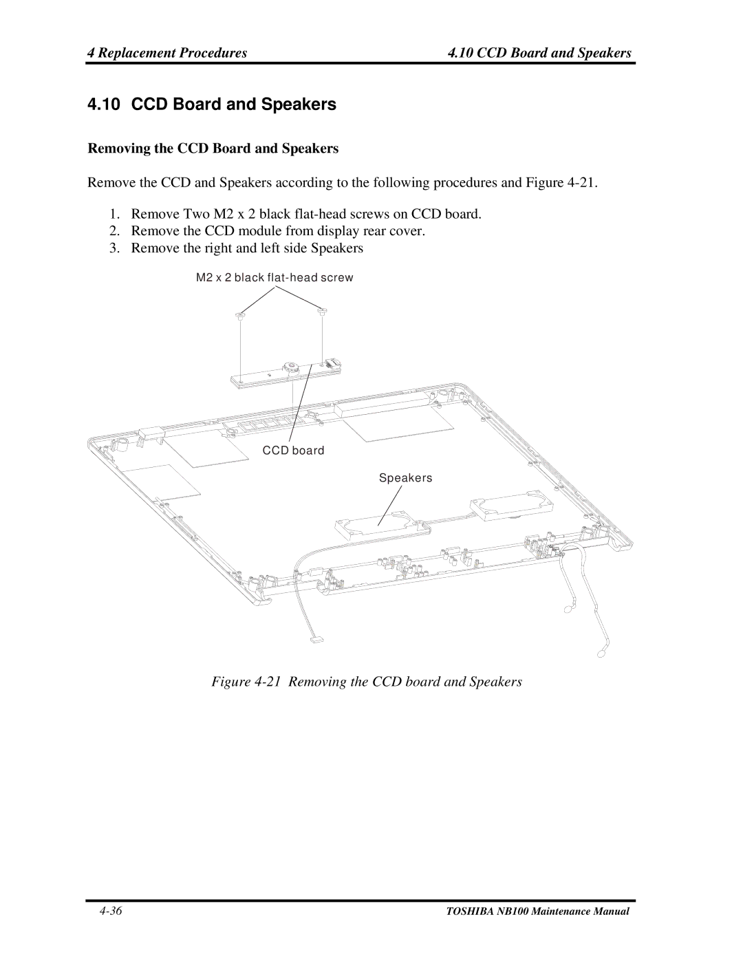 Toshiba TOSHIBA NB100 manual Replacement Procedures CCD Board and Speakers, Removing the CCD Board and Speakers 