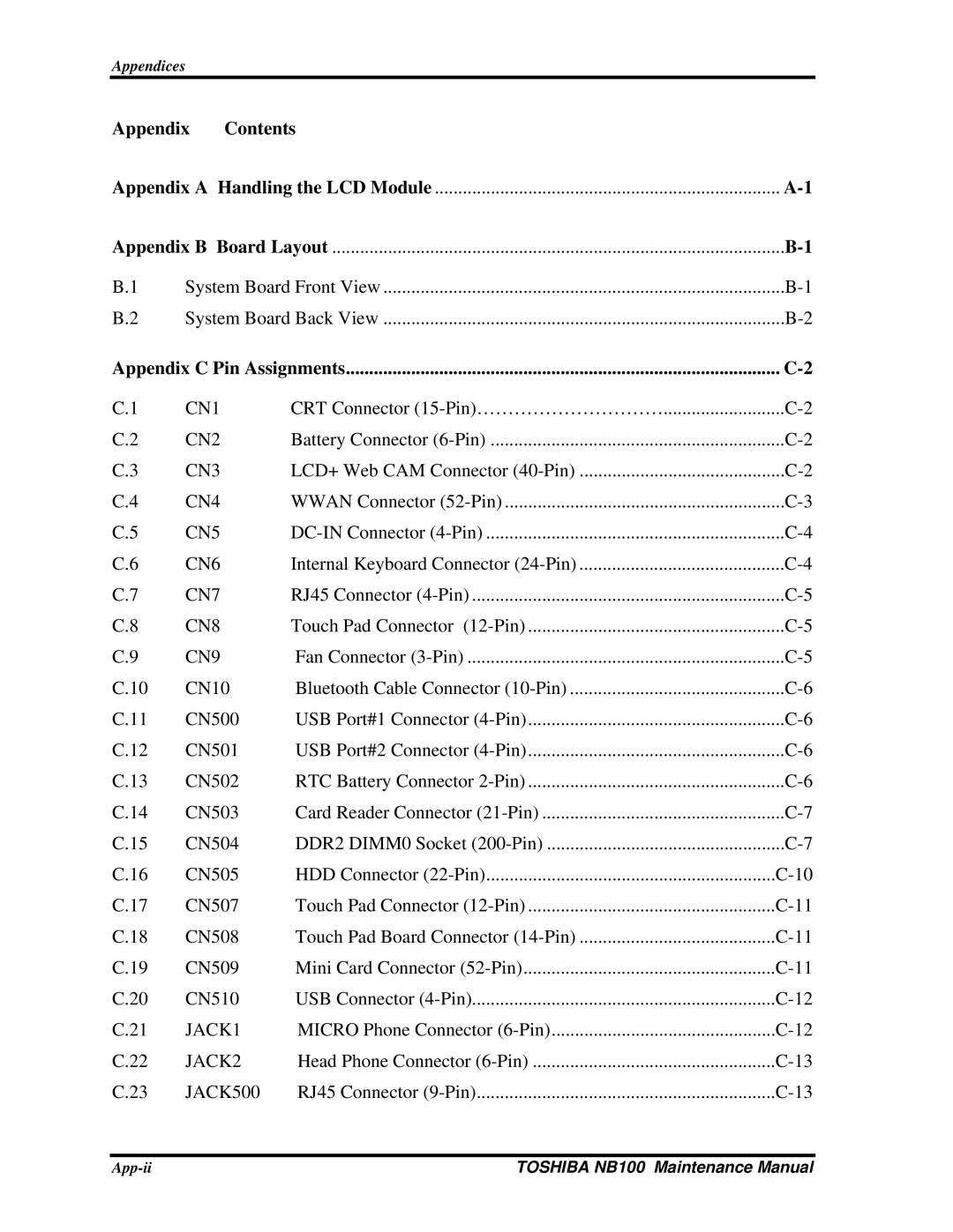 Toshiba TOSHIBA NB100 manual Appendix Contents, Appendix C Pin Assignments 