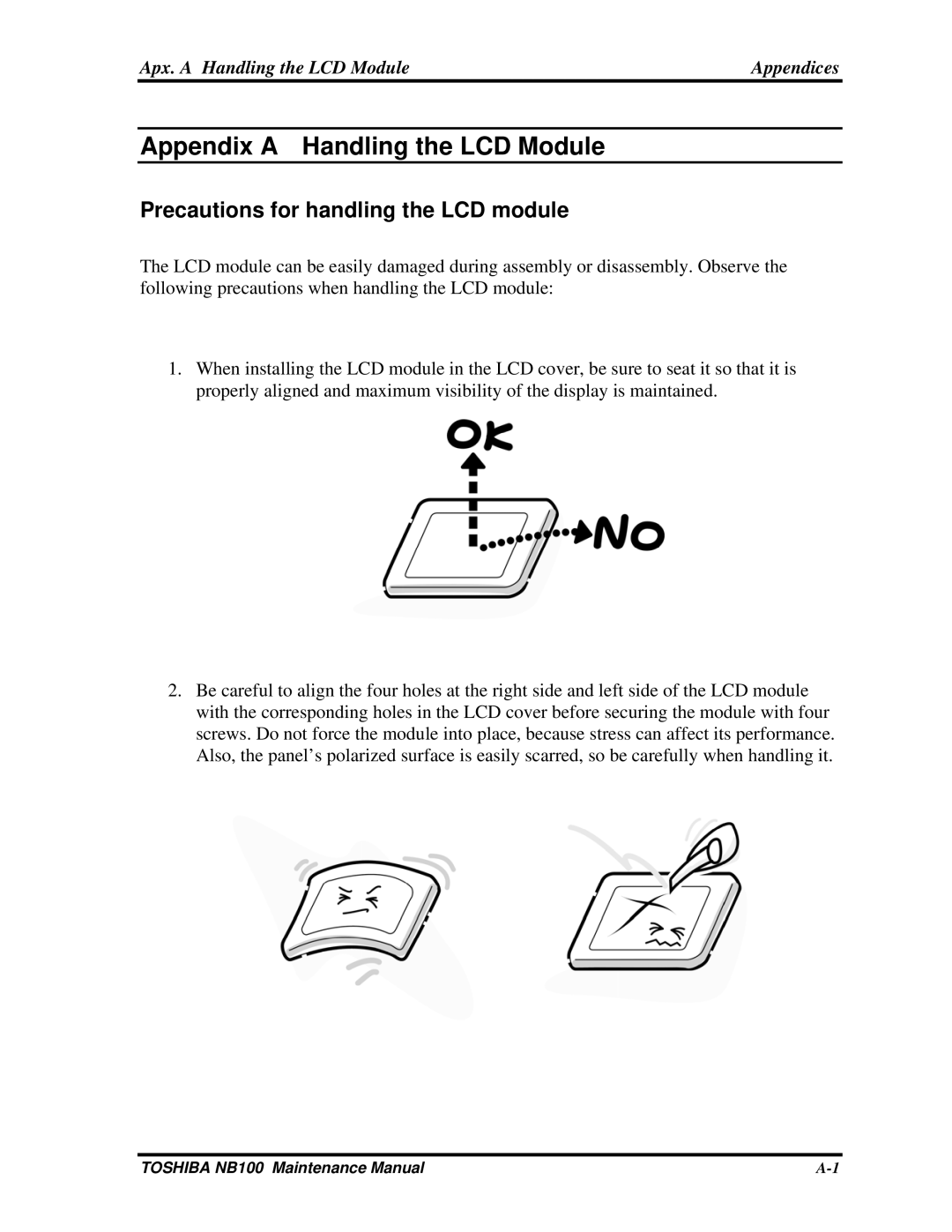 Toshiba TOSHIBA NB100 manual Precautions for handling the LCD module, Apx. a Handling the LCD Module Appendices 