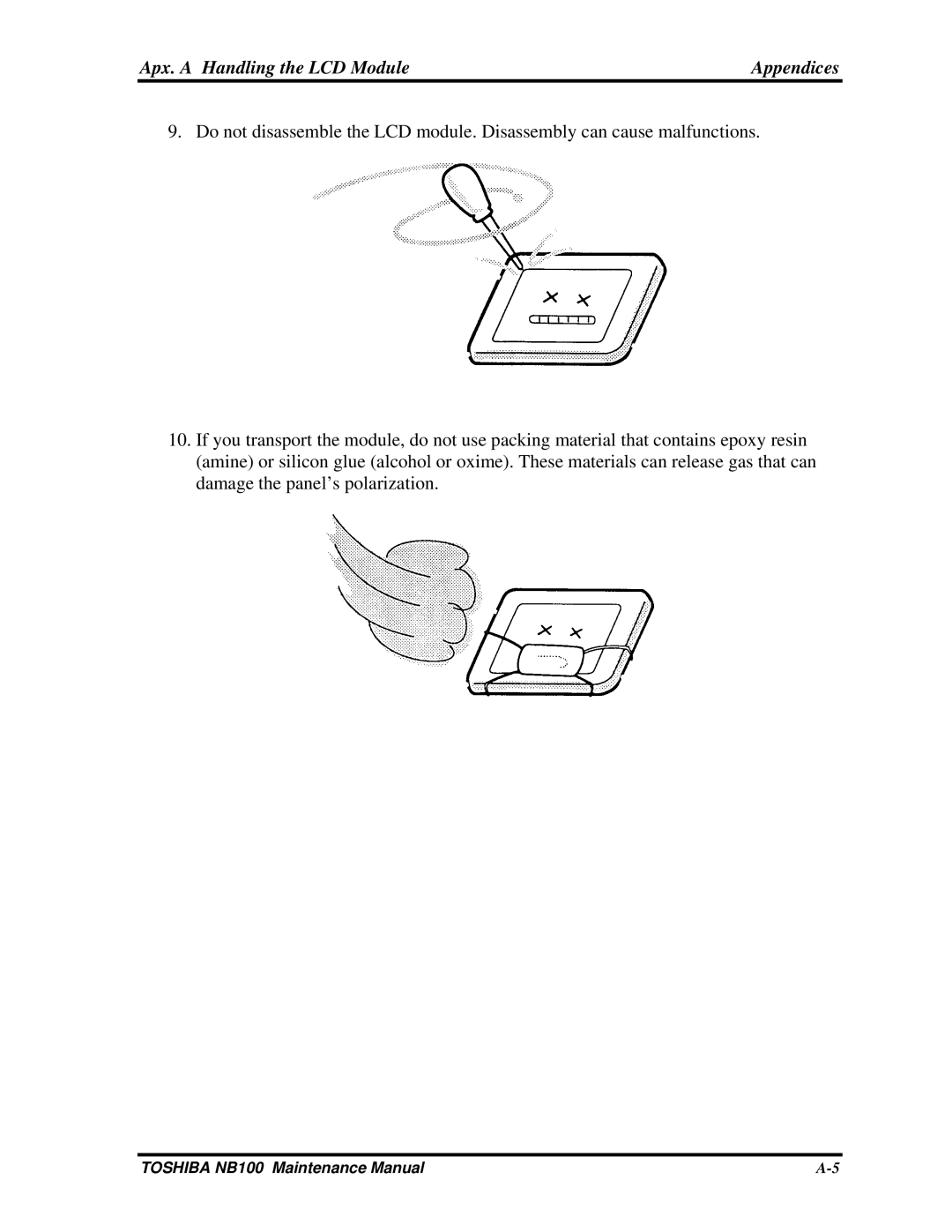 Toshiba TOSHIBA NB100 manual Apx. a Handling the LCD Module Appendices 