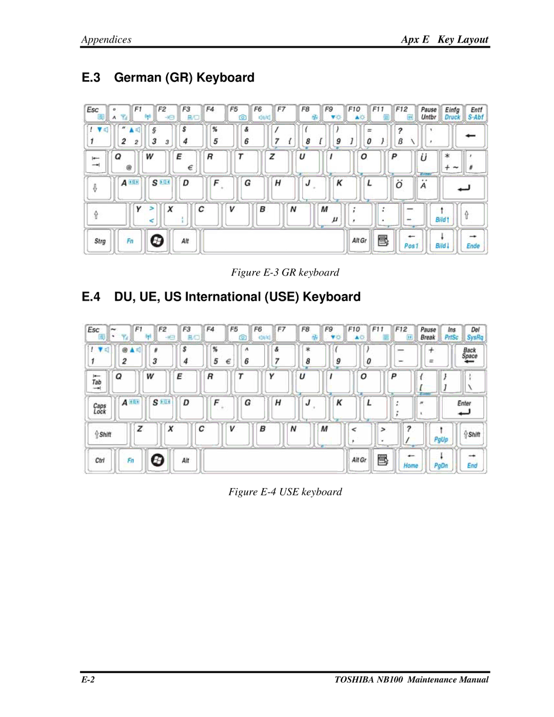 Toshiba TOSHIBA NB100 manual German GR Keyboard, DU, UE, US International USE Keyboard, Apx E Key Layout 