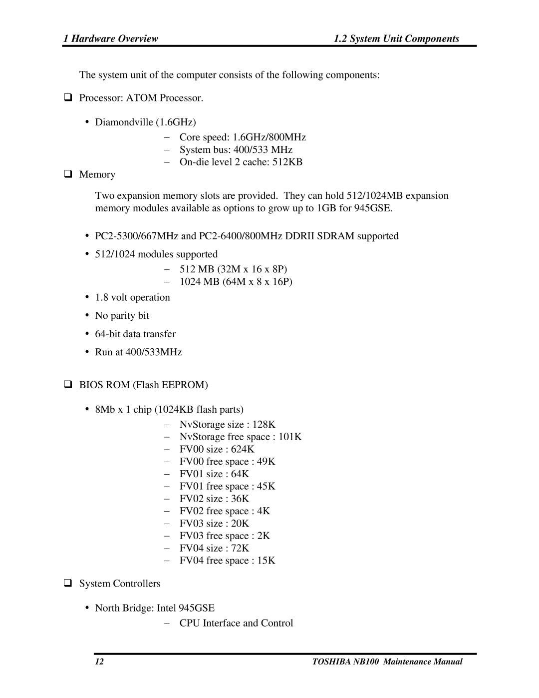 Toshiba TOSHIBA NB100 manual Hardware Overview System Unit Components 