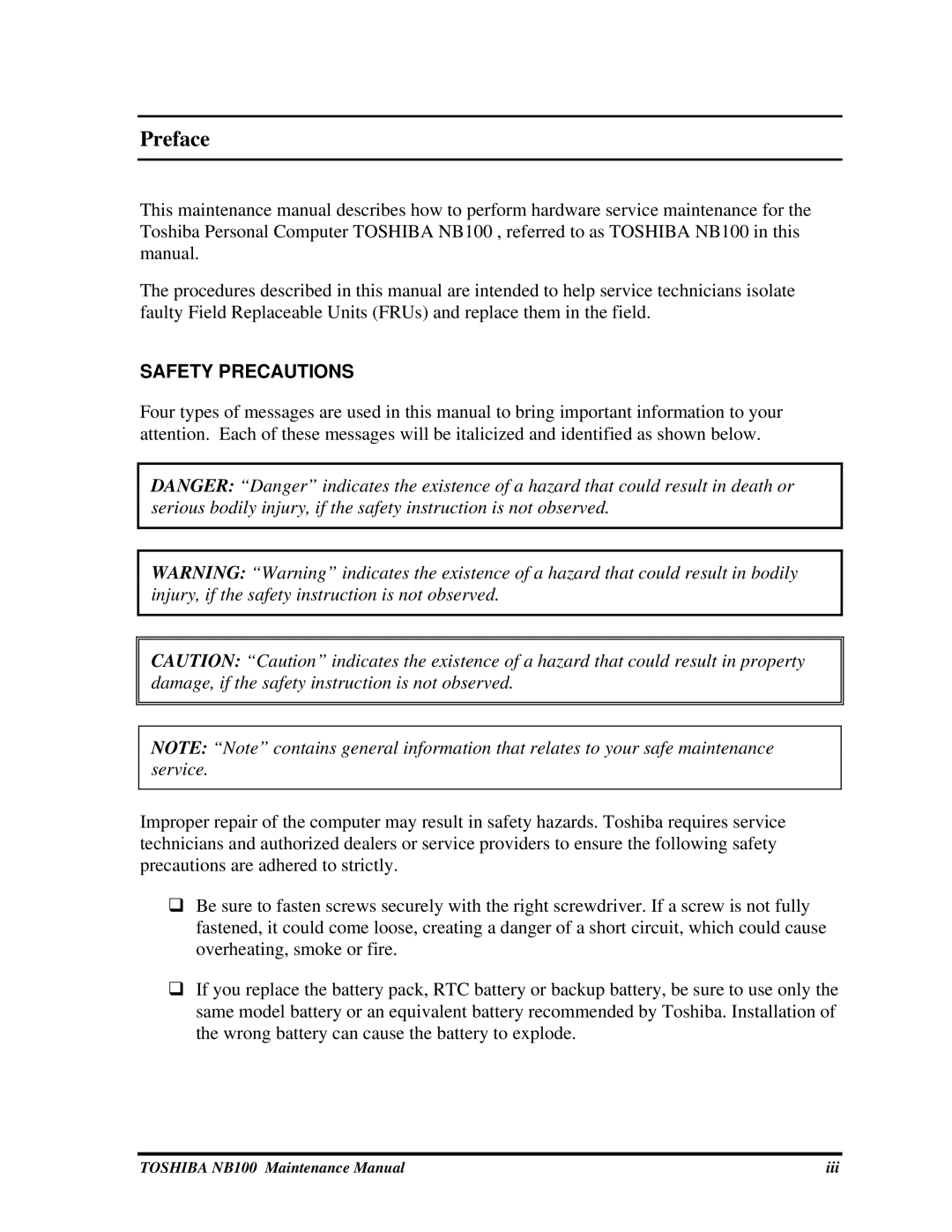 Toshiba TOSHIBA NB100 manual Preface 