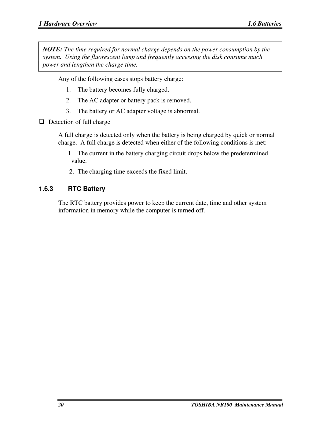 Toshiba TOSHIBA NB100 manual Hardware Overview Batteries, RTC Battery 