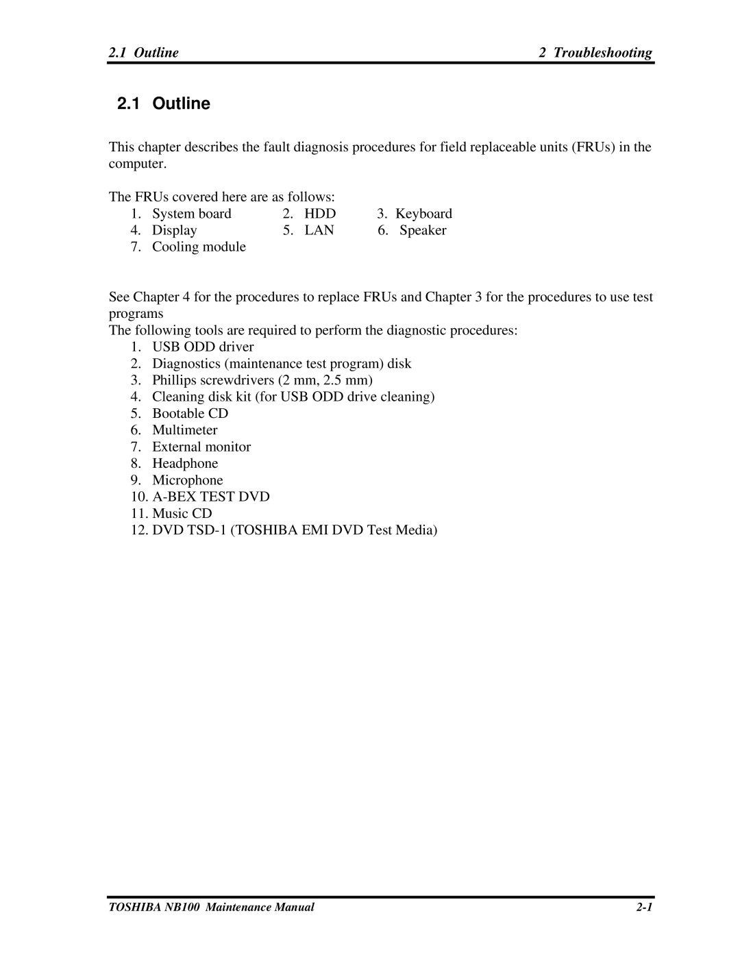 Toshiba TOSHIBA NB100 manual Outline Troubleshooting 