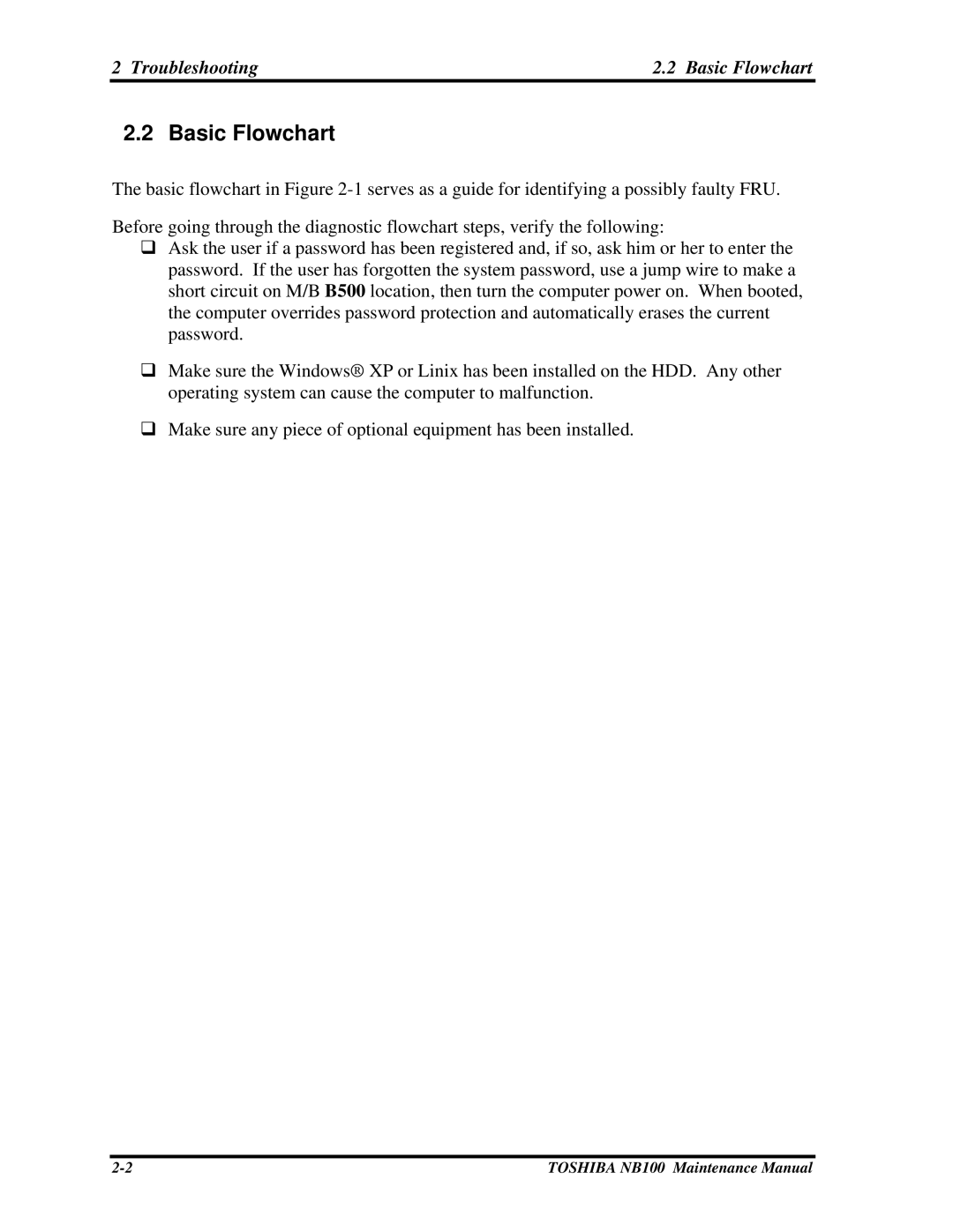 Toshiba TOSHIBA NB100 manual Troubleshooting Basic Flowchart 