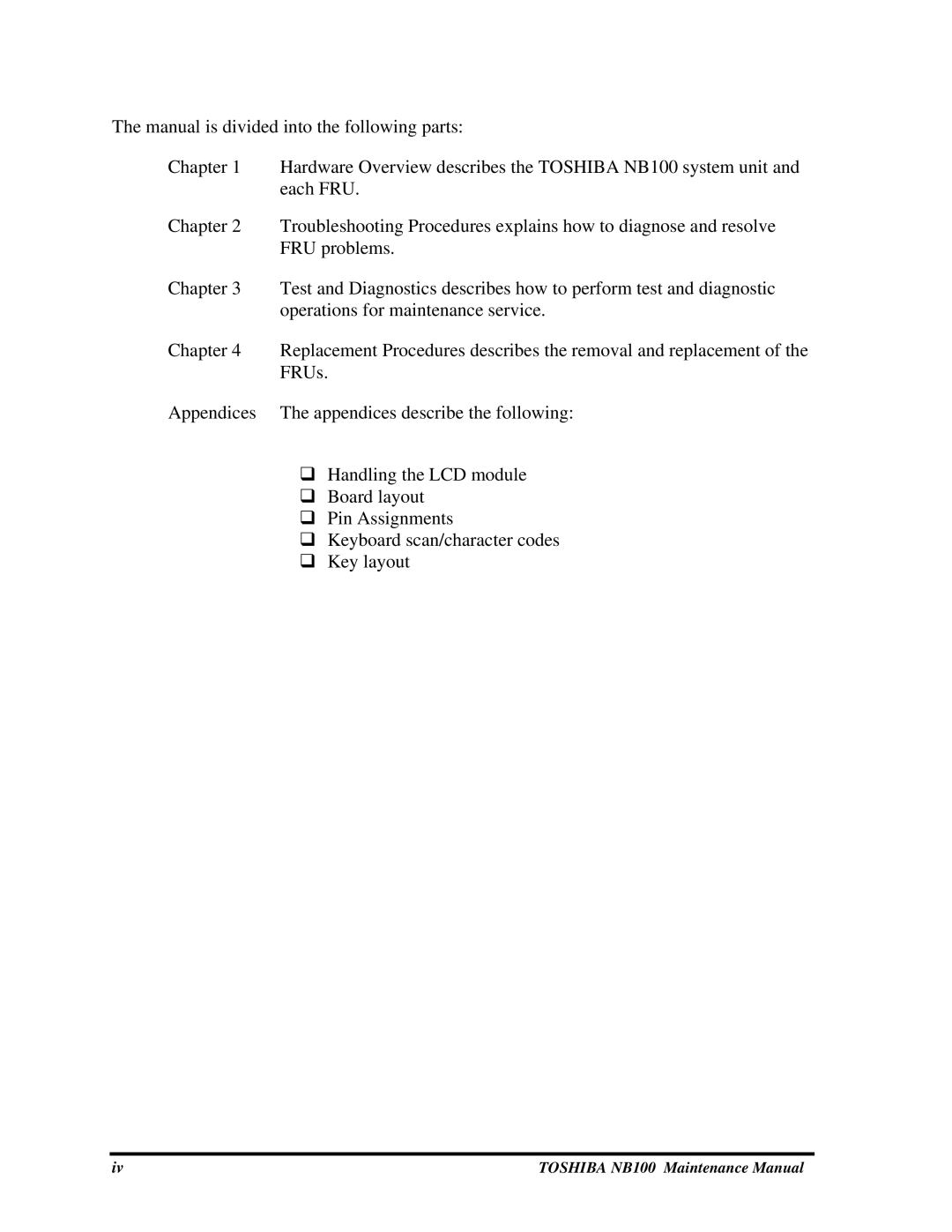 Toshiba TOSHIBA NB100 manual Toshiba NB100 Maintenance Manual 