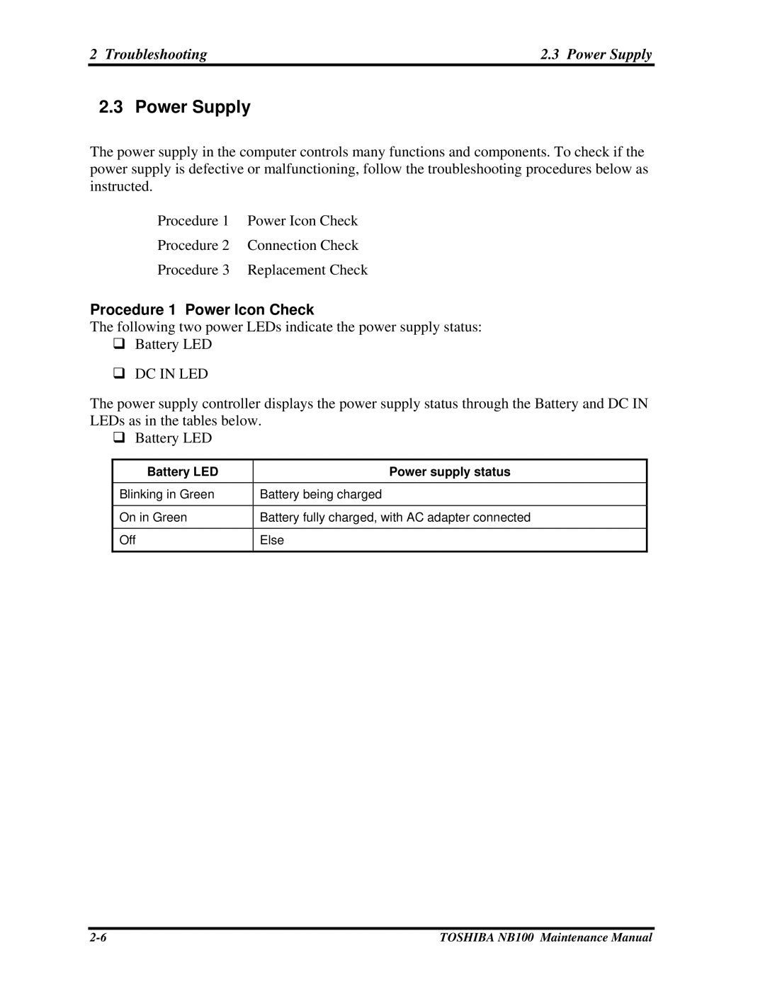 Toshiba TOSHIBA NB100 manual Troubleshooting Power Supply, Procedure 1 Power Icon Check 