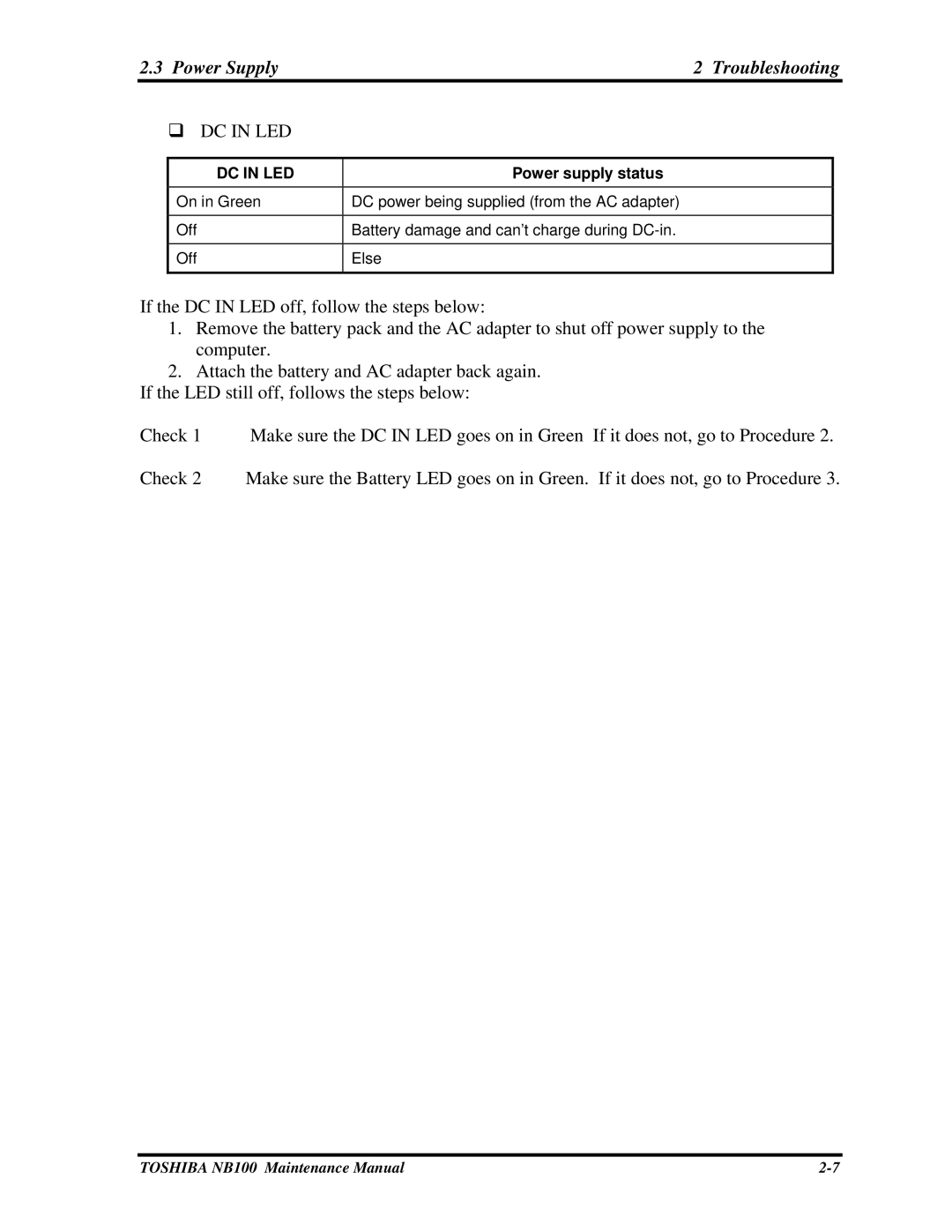 Toshiba TOSHIBA NB100 manual Power Supply Troubleshooting, DC in LED 