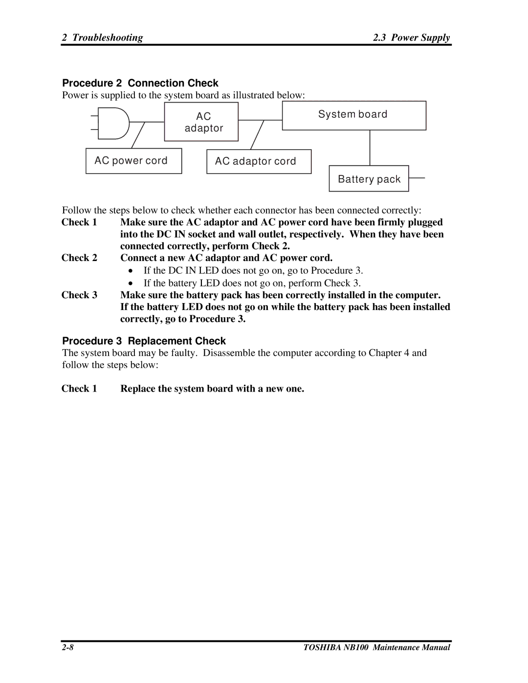 Toshiba TOSHIBA NB100 manual Procedure 2 Connection Check, Procedure 3 Replacement Check 