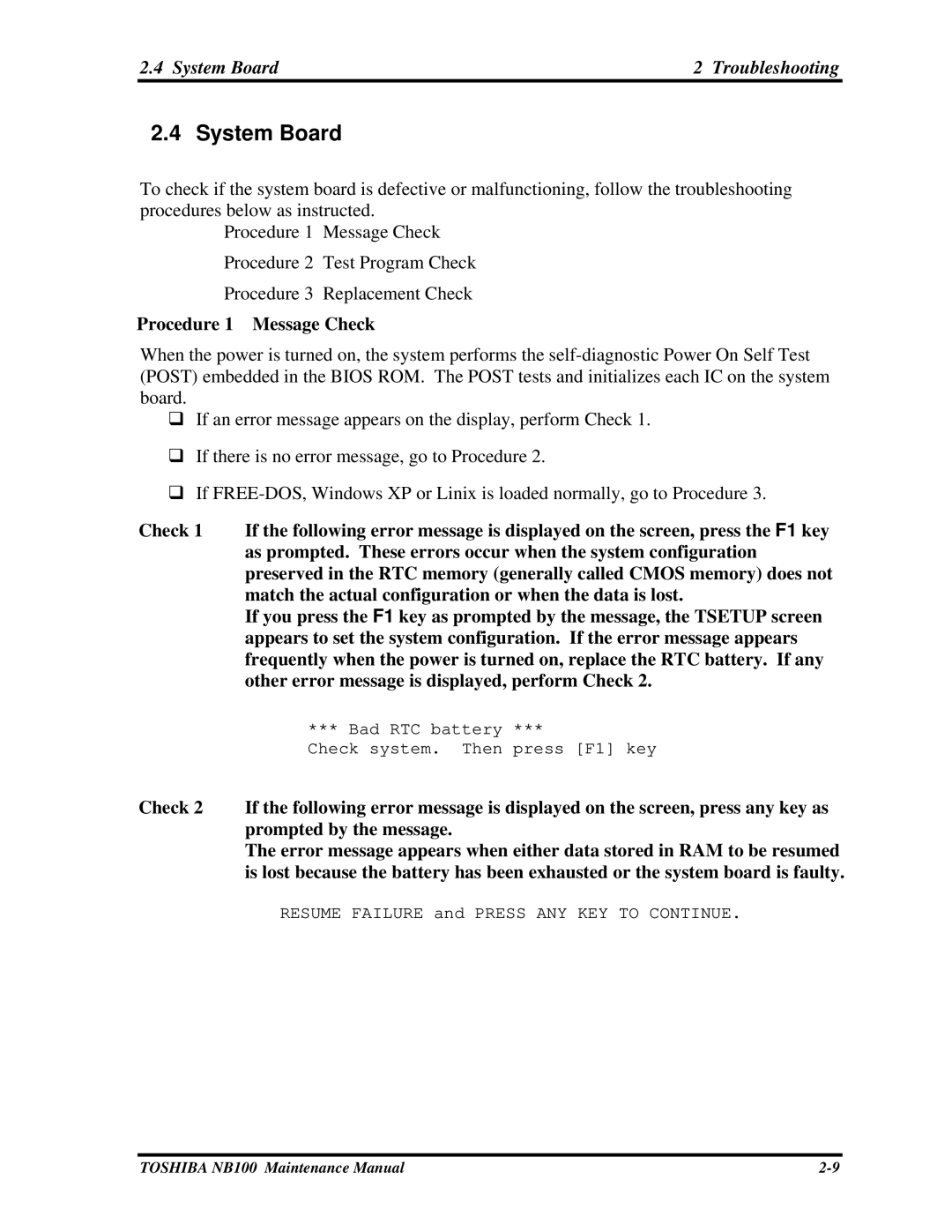 Toshiba TOSHIBA NB100 manual System Board Troubleshooting, Procedure 1 Message Check 