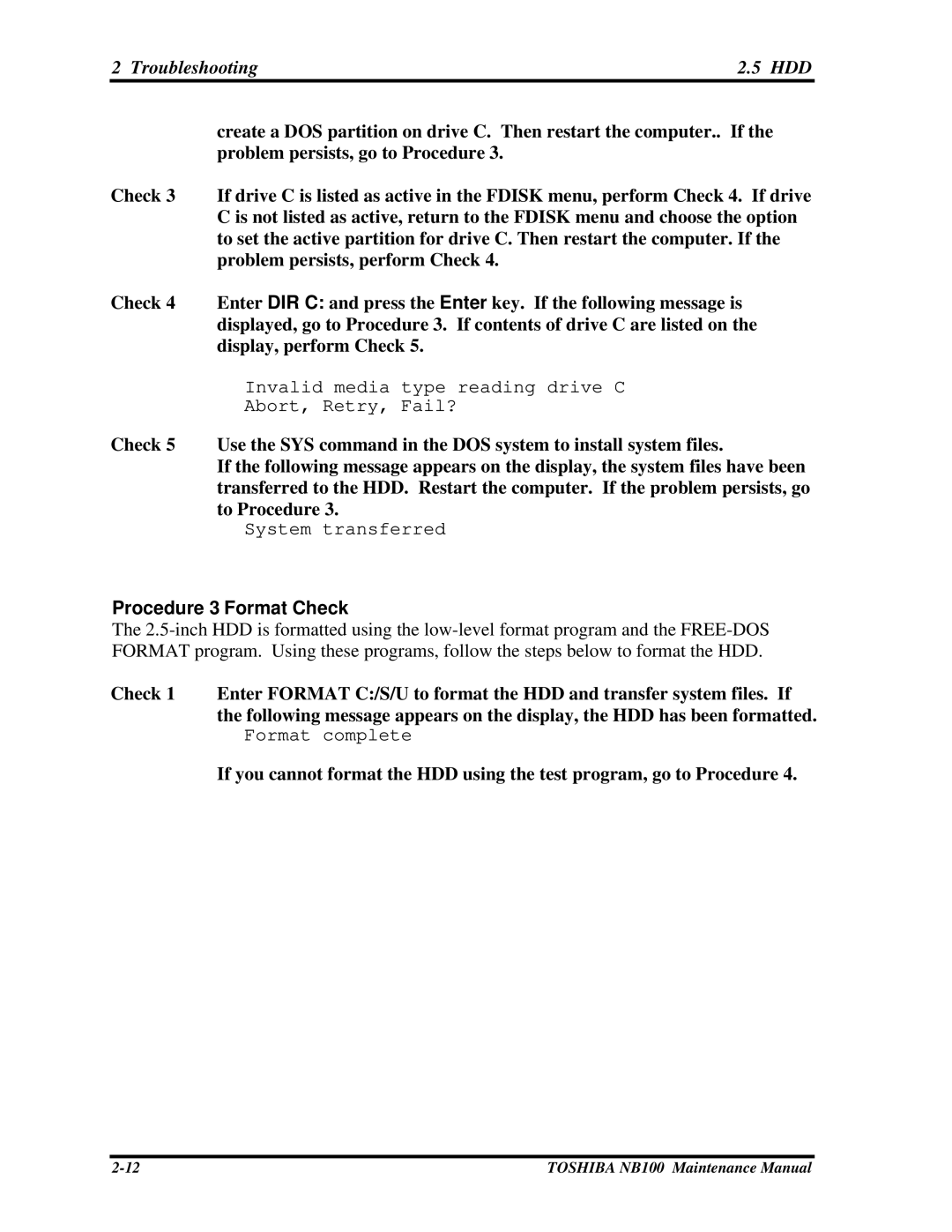 Toshiba TOSHIBA NB100 manual Troubleshooting HDD, Procedure 3 Format Check 