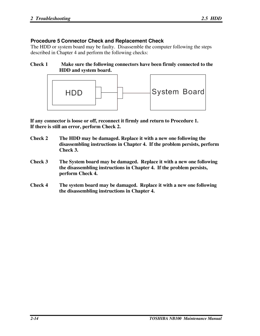 Toshiba TOSHIBA NB100 manual Procedure 5 Connector Check and Replacement Check 