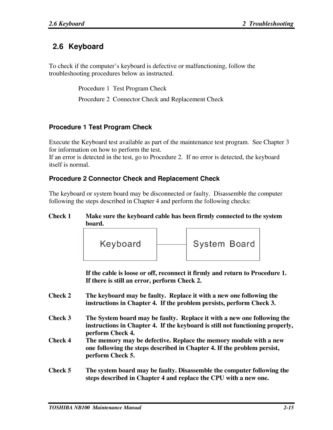 Toshiba TOSHIBA NB100 manual Keyboard Troubleshooting, Procedure 1 Test Program Check 