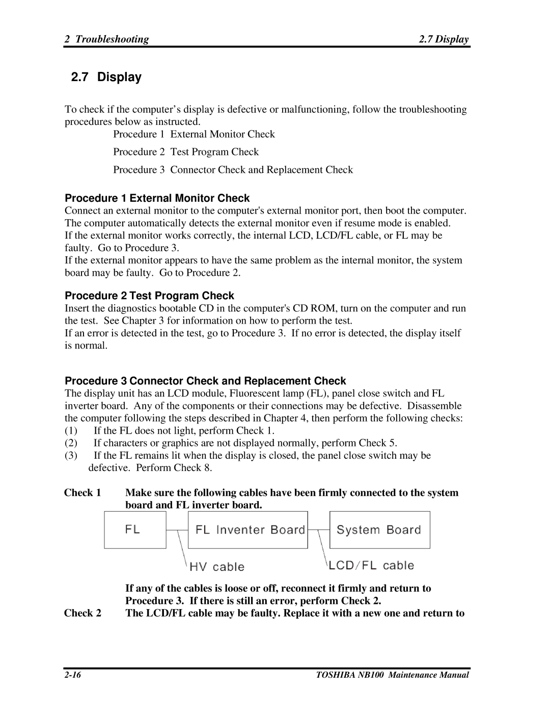 Toshiba TOSHIBA NB100 Troubleshooting Display, Procedure 1 External Monitor Check, Procedure 2 Test Program Check 