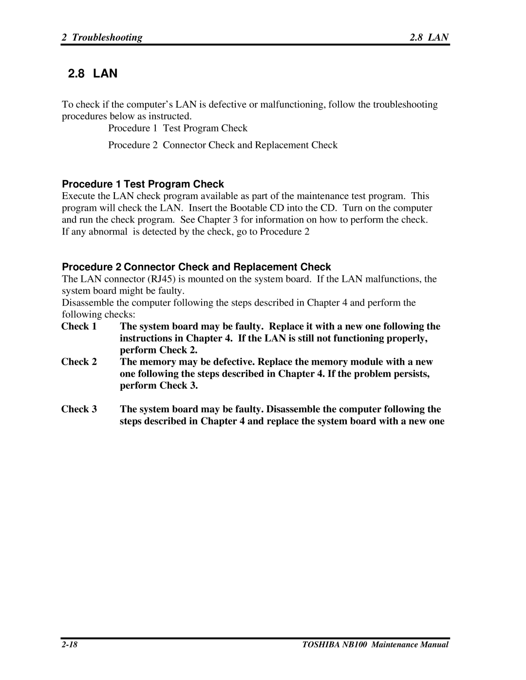 Toshiba TOSHIBA NB100 manual Lan, Troubleshooting LAN 
