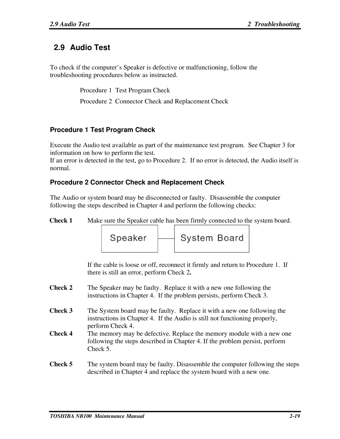 Toshiba TOSHIBA NB100 manual Audio Test Troubleshooting 