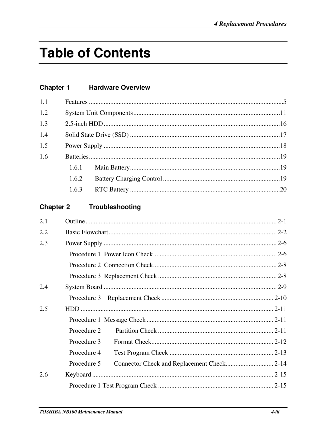 Toshiba TOSHIBA NB100 manual Table of Contents 