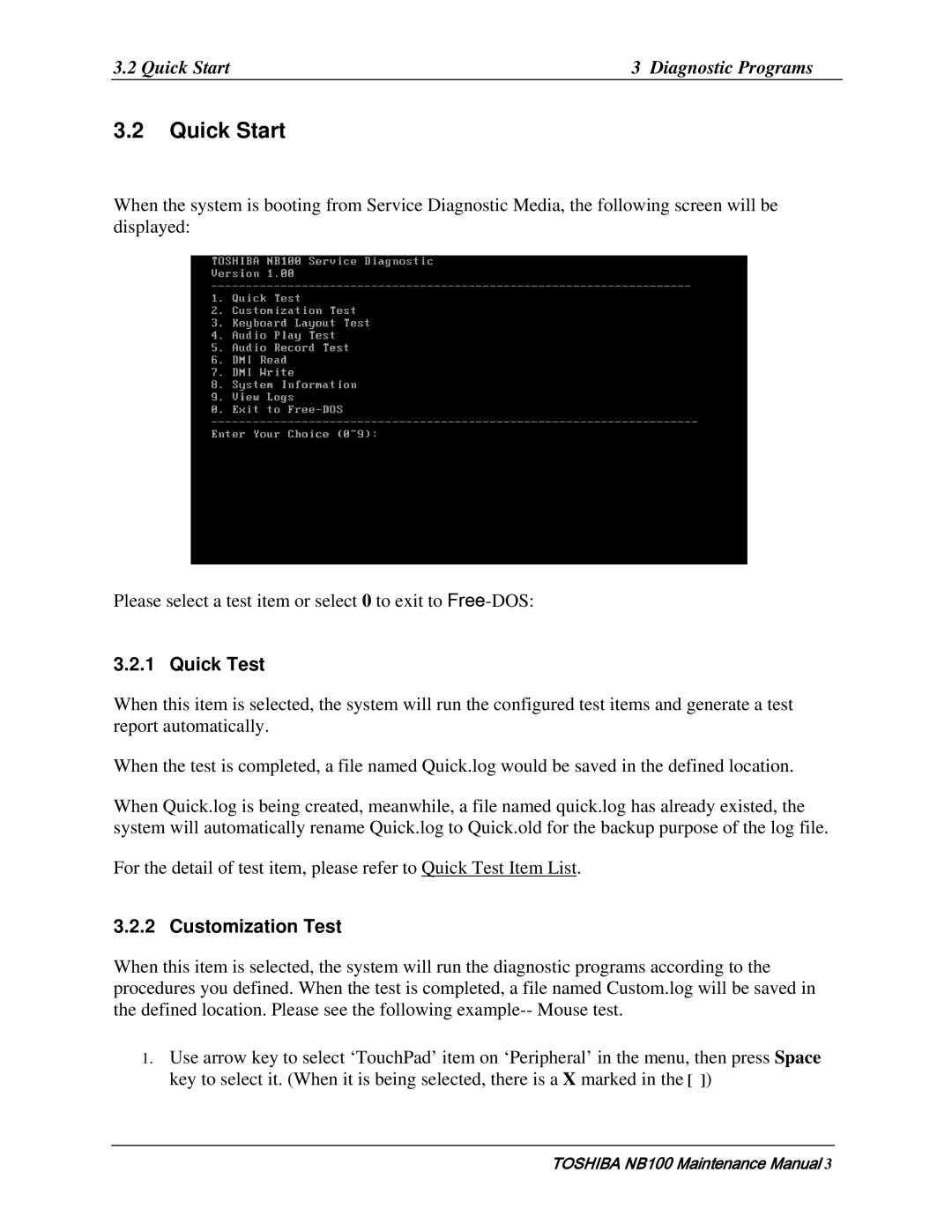 Toshiba TOSHIBA NB100 manual Quick Start Diagnostic Programs, Quick Test, Customization Test 