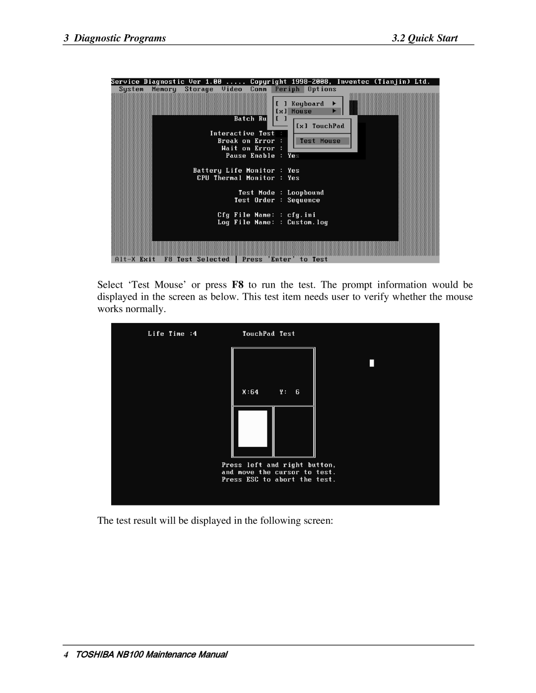 Toshiba TOSHIBA NB100 manual Diagnostic Programs Quick Start 