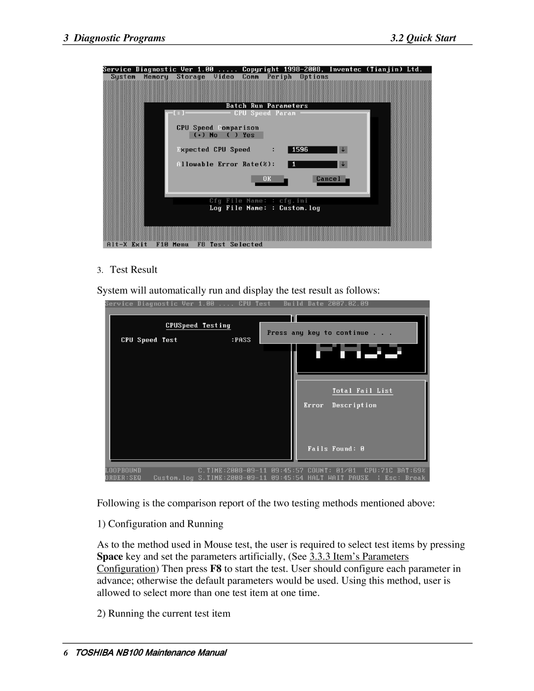 Toshiba TOSHIBA NB100 manual Diagnostic Programs Quick Start 