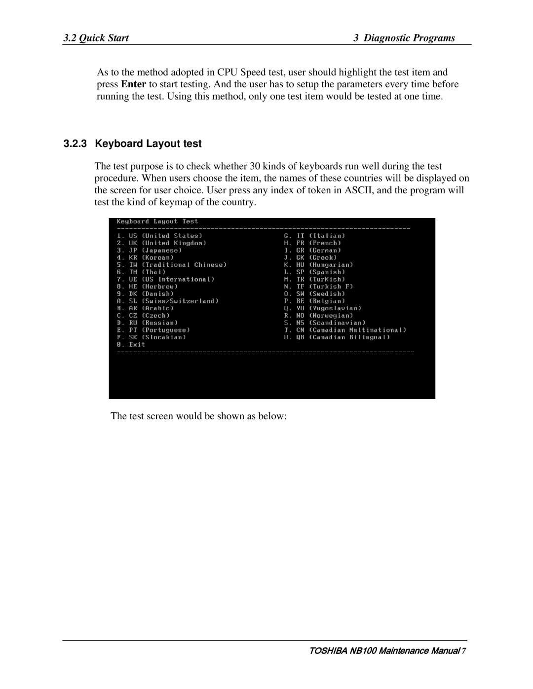 Toshiba TOSHIBA NB100 manual Keyboard Layout test 