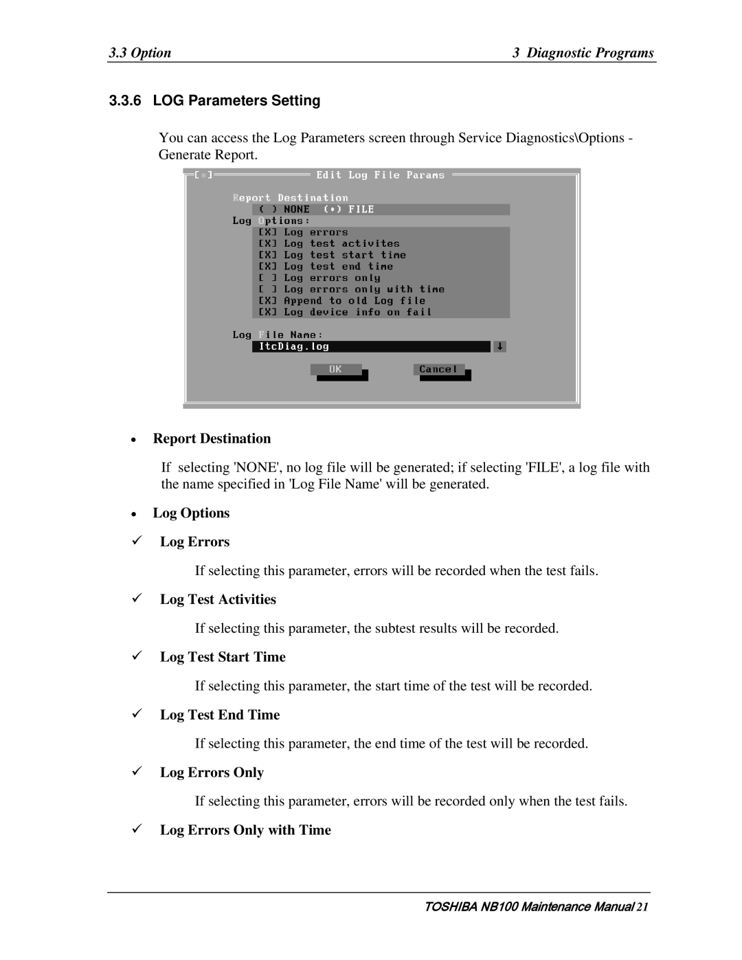 Toshiba TOSHIBA NB100 manual LOG Parameters Setting 