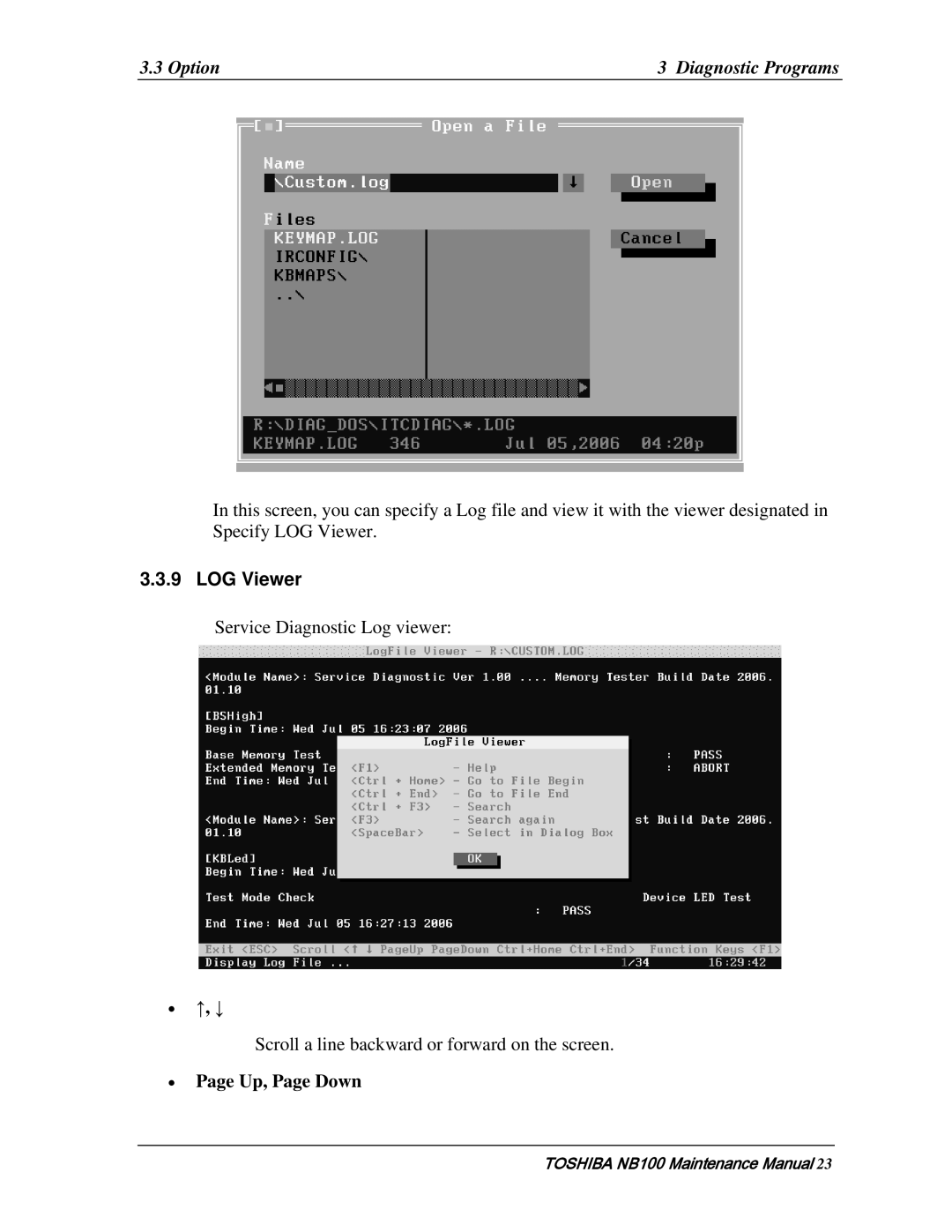 Toshiba TOSHIBA NB100 manual LOG Viewer, ↑, ↓, Up, Page Down 