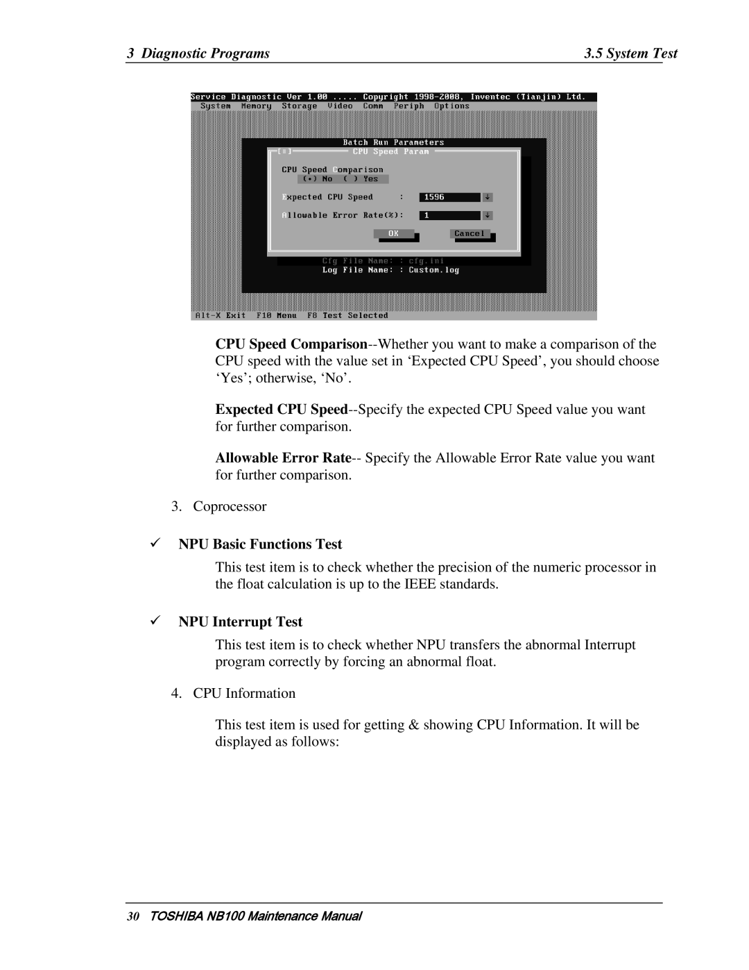 Toshiba TOSHIBA NB100 manual Diagnostic Programs System Test, NPU Basic Functions Test, NPU Interrupt Test 