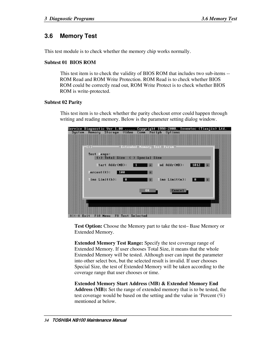 Toshiba TOSHIBA NB100 manual Diagnostic Programs Memory Test, Subtest 01 Bios ROM, Subtest 02 Parity 