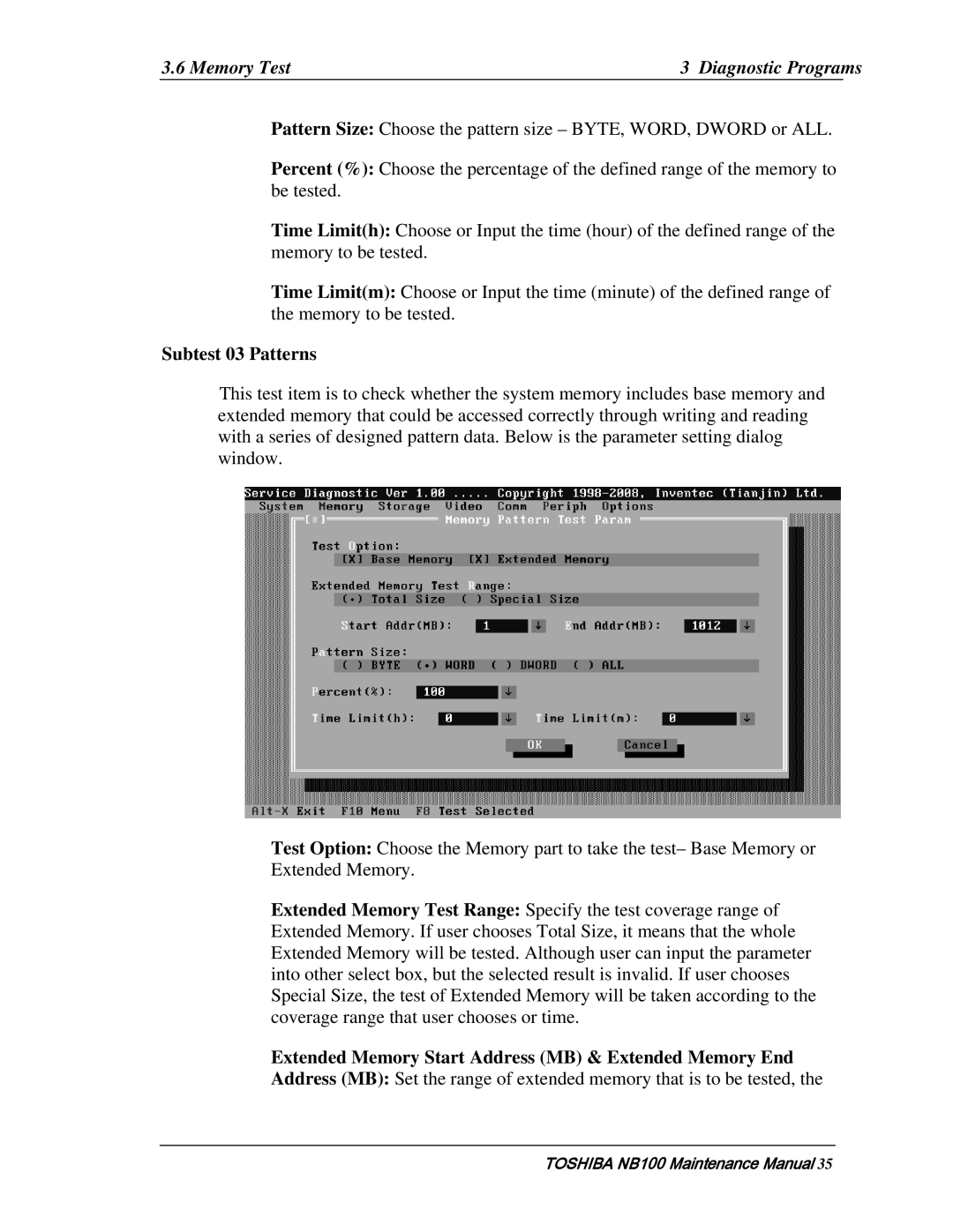 Toshiba TOSHIBA NB100 manual Memory Test Diagnostic Programs, Subtest 03 Patterns 