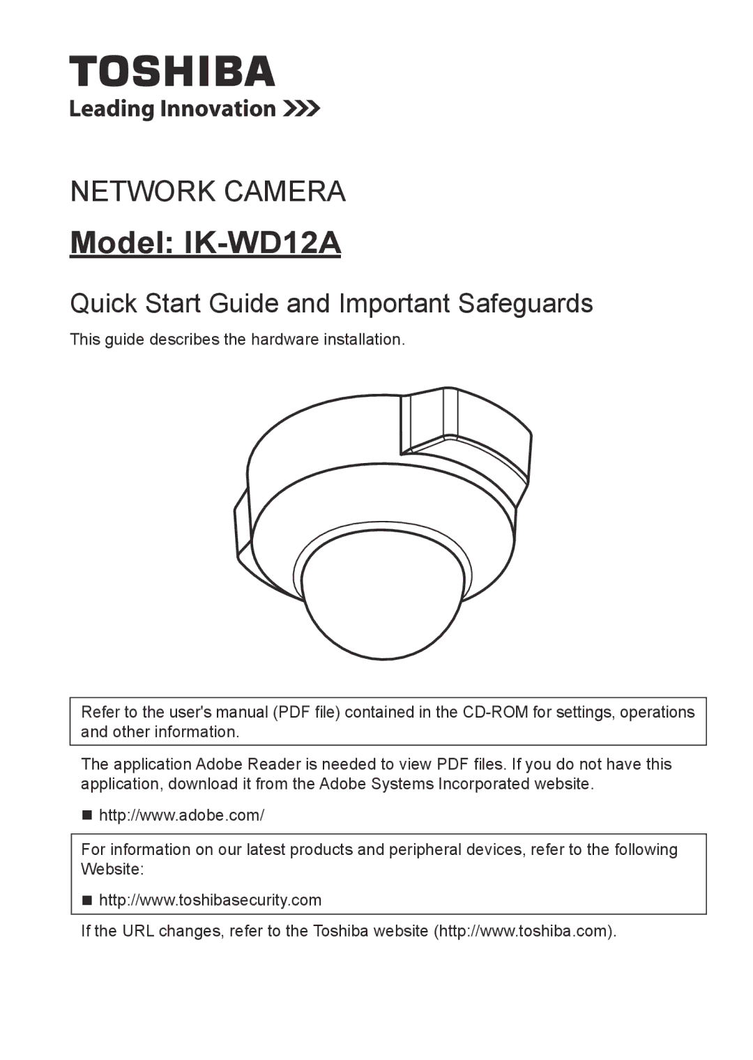 Toshiba Toshiba Network Camera quick start Model IK-WD12A 