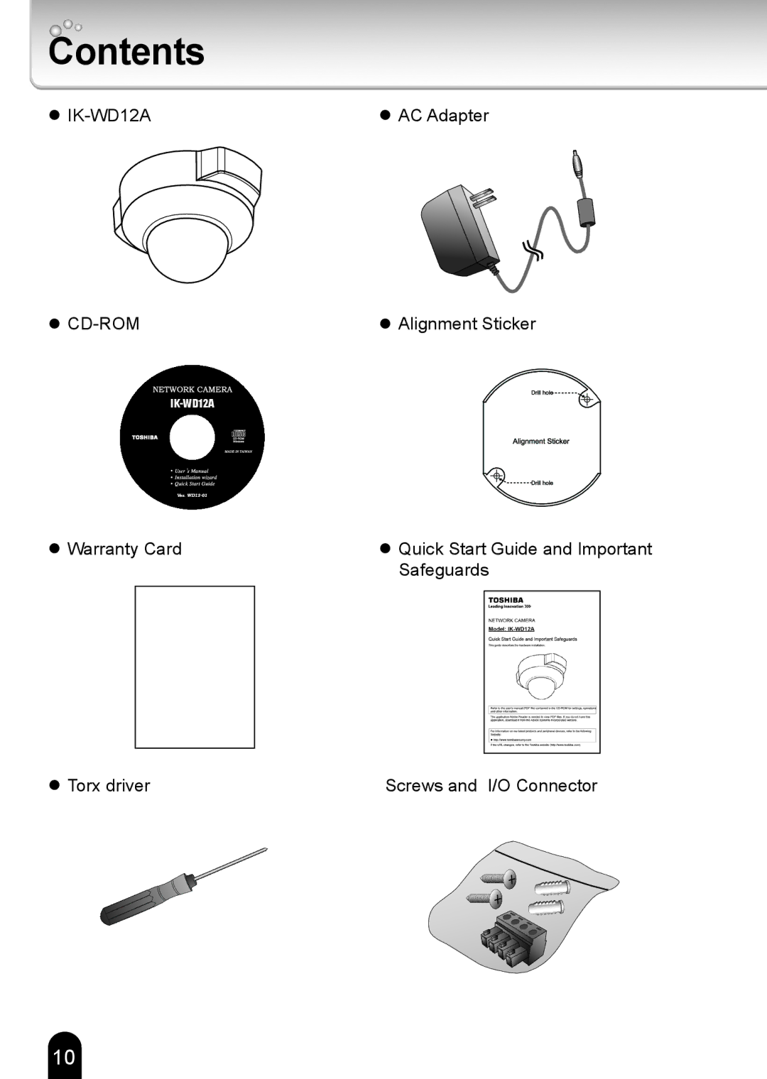 Toshiba Toshiba Network Camera, IK-WD12A quick start Contents 