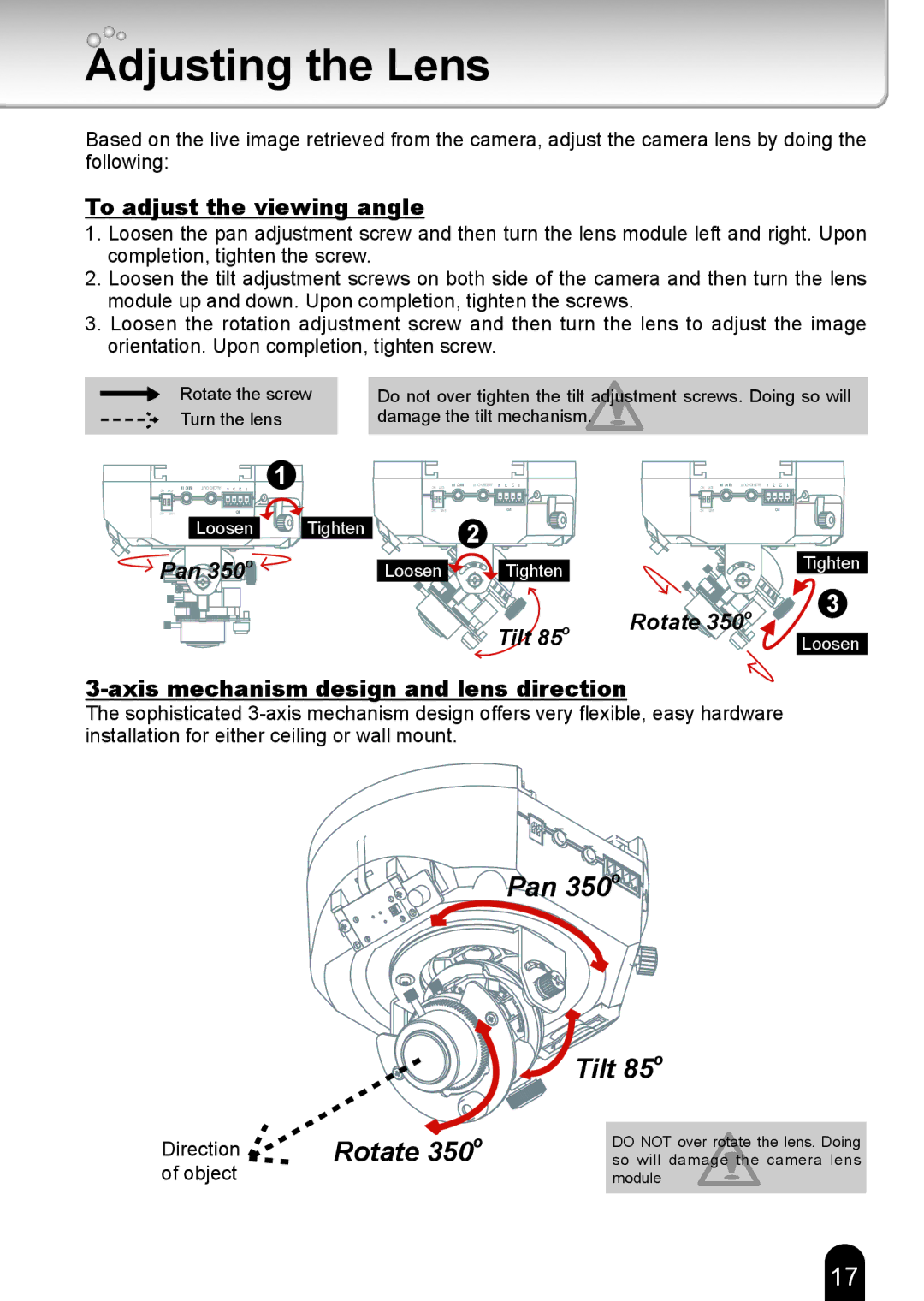 Toshiba IK-WD12A, Toshiba Network Camera quick start Adjusting the Lens, To adjust the viewing angle 