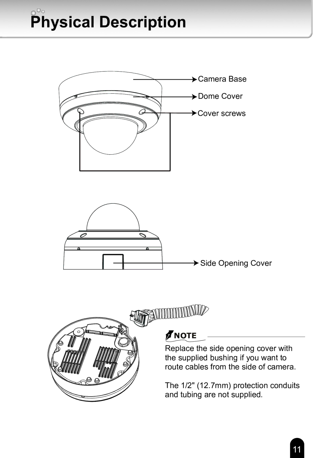 Toshiba Toshiba Network Camera quick start Physical Description, Camera Base Dome Cover Cover screws Side Opening Cover 