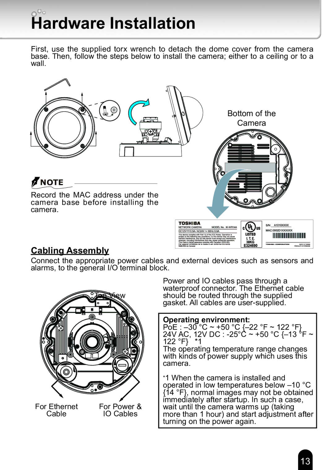 Toshiba Toshiba Network Camera quick start Hardware Installation, Operating environment 