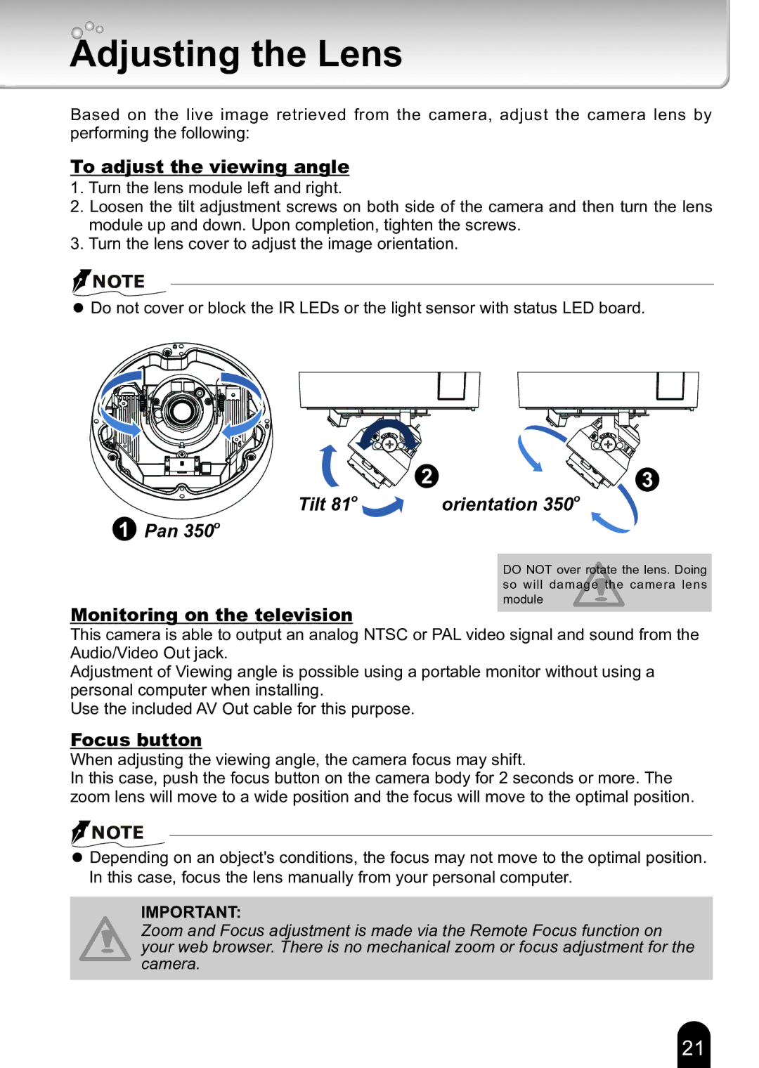 Toshiba Toshiba Network Camera quick start Adjusting the Lens, To adjust the viewing angle 