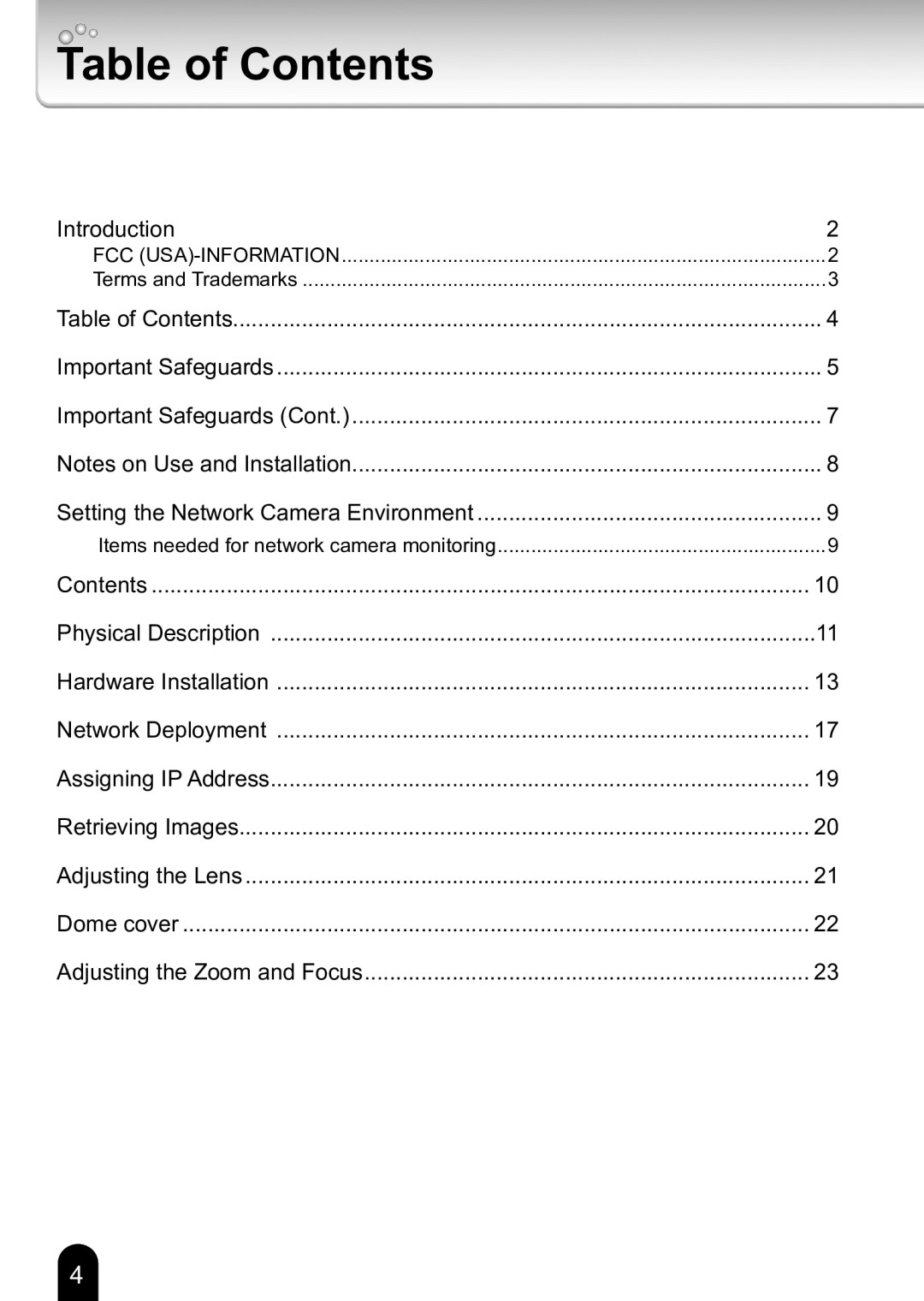 Toshiba Toshiba Network Camera quick start Table of Contents 